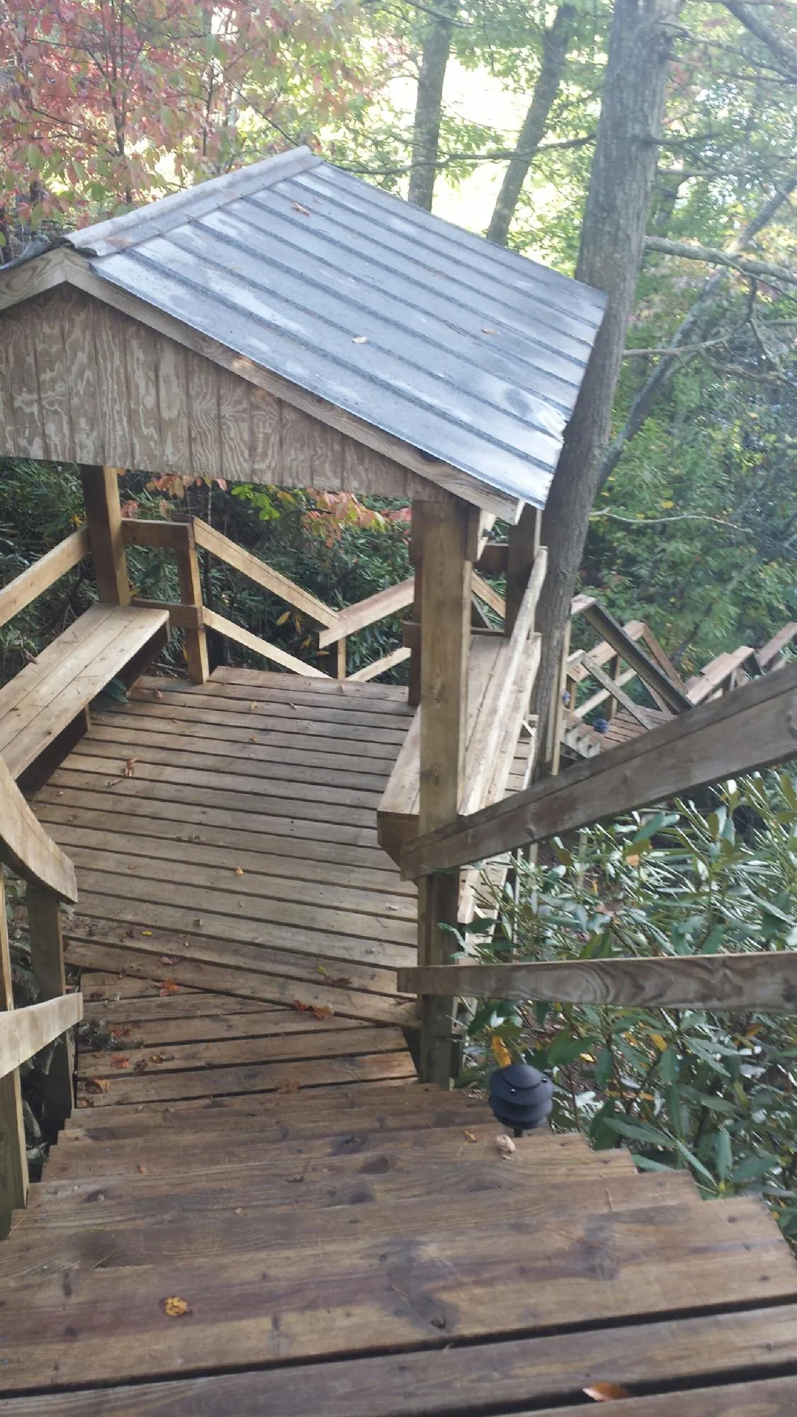 Metal roofed shelter over wooden steps on a wooded walkway — Skylight Repair & Installation work by our crew in Swainsboro